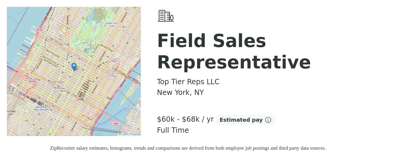 Top Tier Reps LLC job posting for a Field Sales Representative in New York, NY with a salary of $60,000 to $68,000 Yearly with a map of New York location.