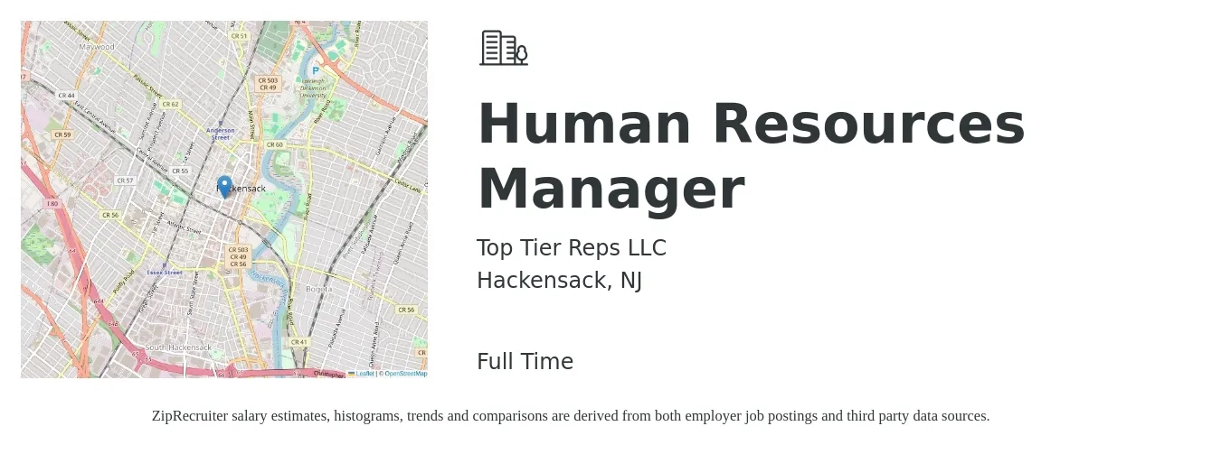 Top Tier Reps LLC job posting for a Human Resources Manager in Hackensack, NJ with a salary of $75,000 to $108,700 Yearly with a map of Hackensack location.