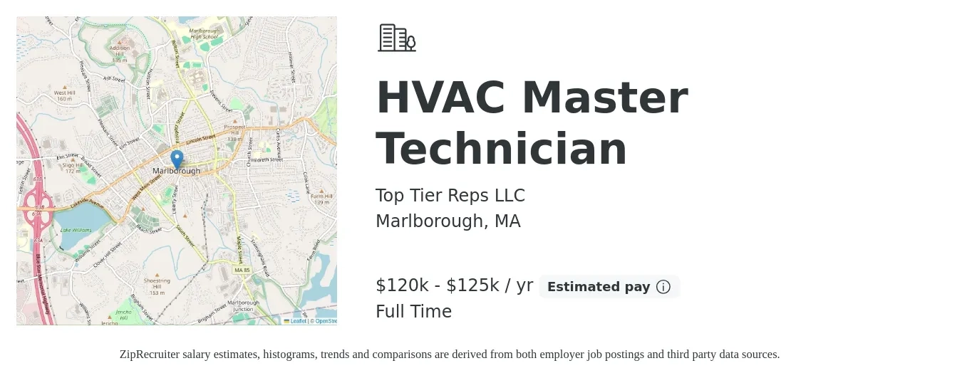 Top Tier Reps LLC job posting for a HVAC Master Technician in Marlborough, MA with a salary of $120,000 to $125,000 Yearly with a map of Marlborough location.