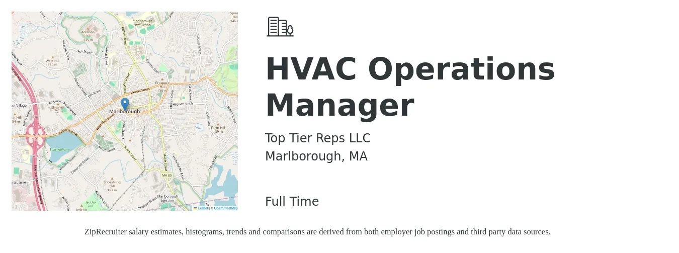 Top Tier Reps LLC job posting for a HVAC Operations Manager in Marlborough, MA with a salary of $42,500 to $80,400 Yearly with a map of Marlborough location.