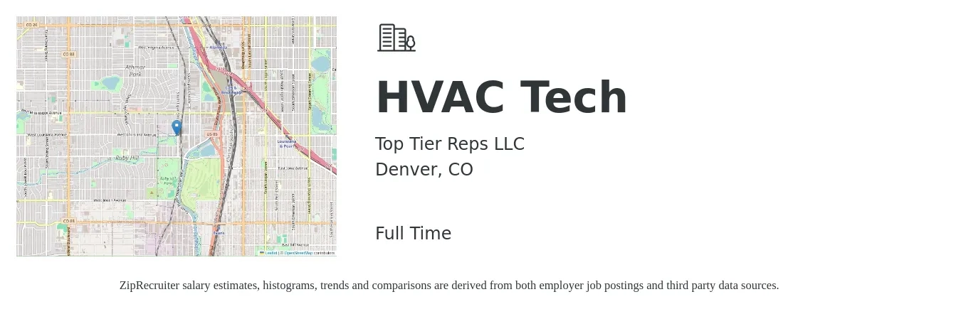 Top Tier Reps LLC job posting for a HVAC Tech in Denver, CO with a salary of $40 Hourly with a map of Denver location.
