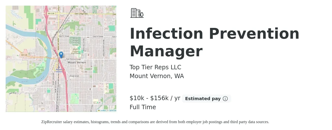 Top Tier Reps LLC job posting for a Infection Prevention Manager in Mount Vernon, WA with a salary of $10,400 to $156,000 Yearly with a map of Mount Vernon location.