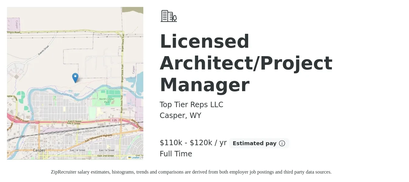 Top Tier Reps LLC job posting for a Licensed Architect/Project Manager in Casper, WY with a salary of $110,000 to $120,000 Yearly with a map of Casper location.