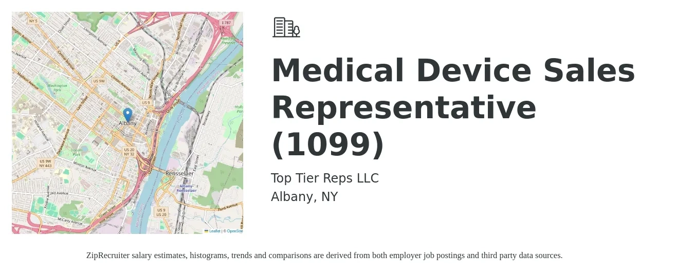 Top Tier Reps LLC job posting for a Medical Device Sales Representative (1099) in Albany, NY with a salary of $54,600 Yearly with a map of Albany location.