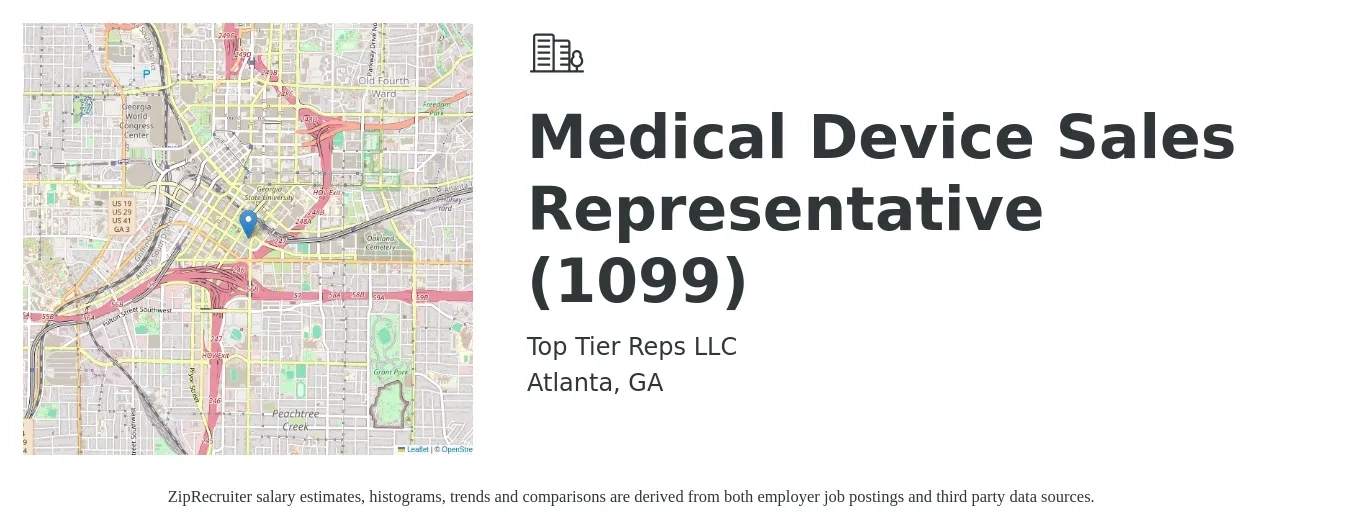 Top Tier Reps LLC job posting for a Medical Device Sales Representative (1099) in Atlanta, GA with a salary of $52,900 Yearly with a map of Atlanta location.