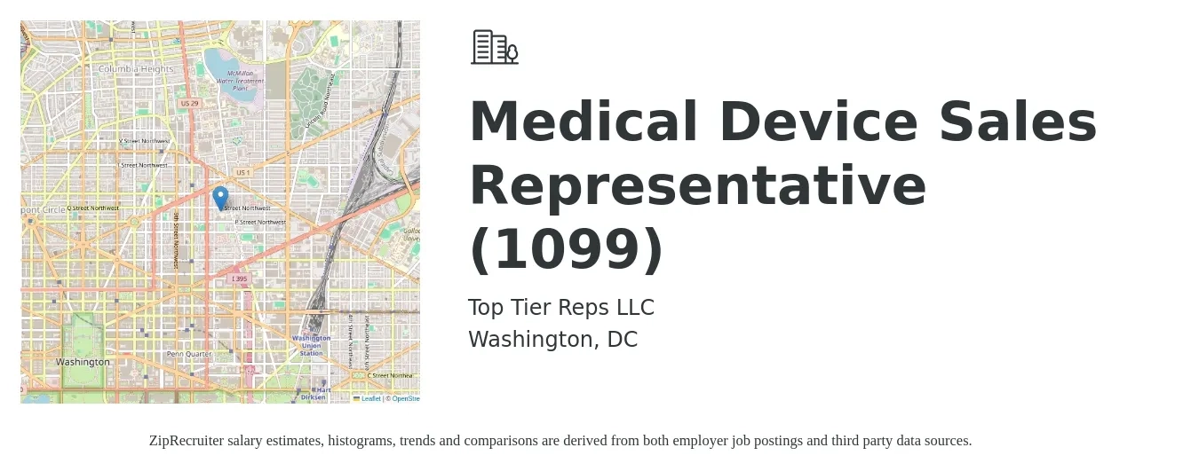 Top Tier Reps LLC job posting for a Medical Device Sales Representative (1099) in Washington, DC with a salary of $62,100 Yearly with a map of Washington location.