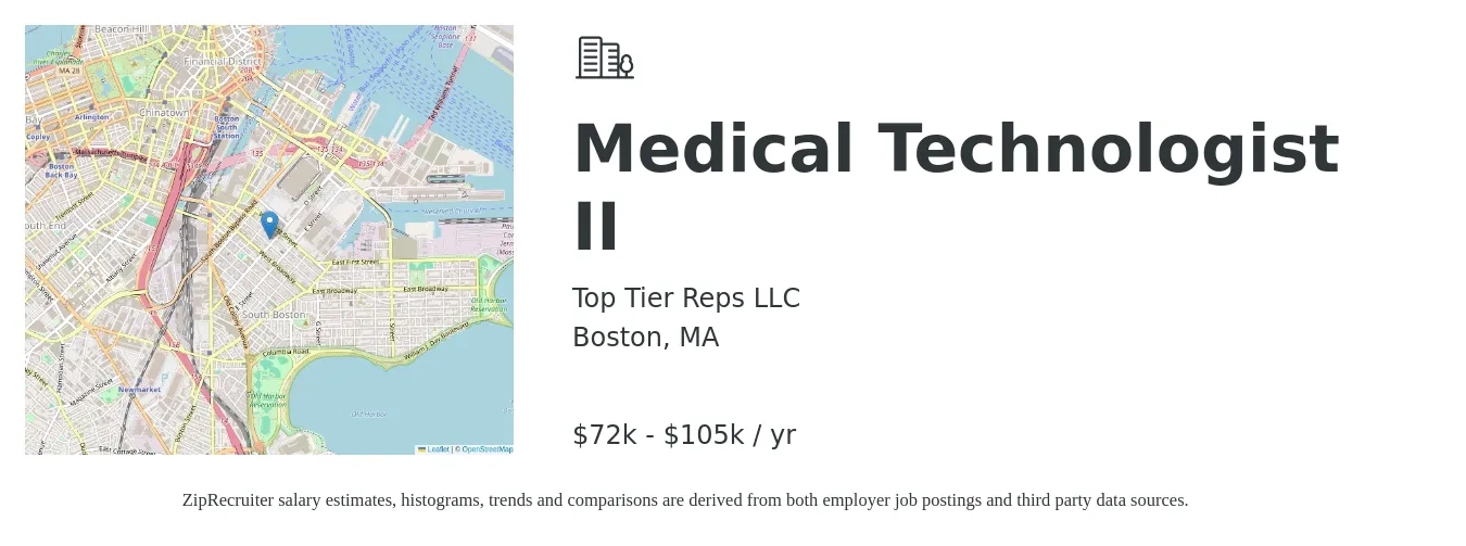 Top Tier Reps LLC job posting for a Medical Technologist II in Boston, MA with a salary of $72,800 to $104,999 Yearly with a map of Boston location.