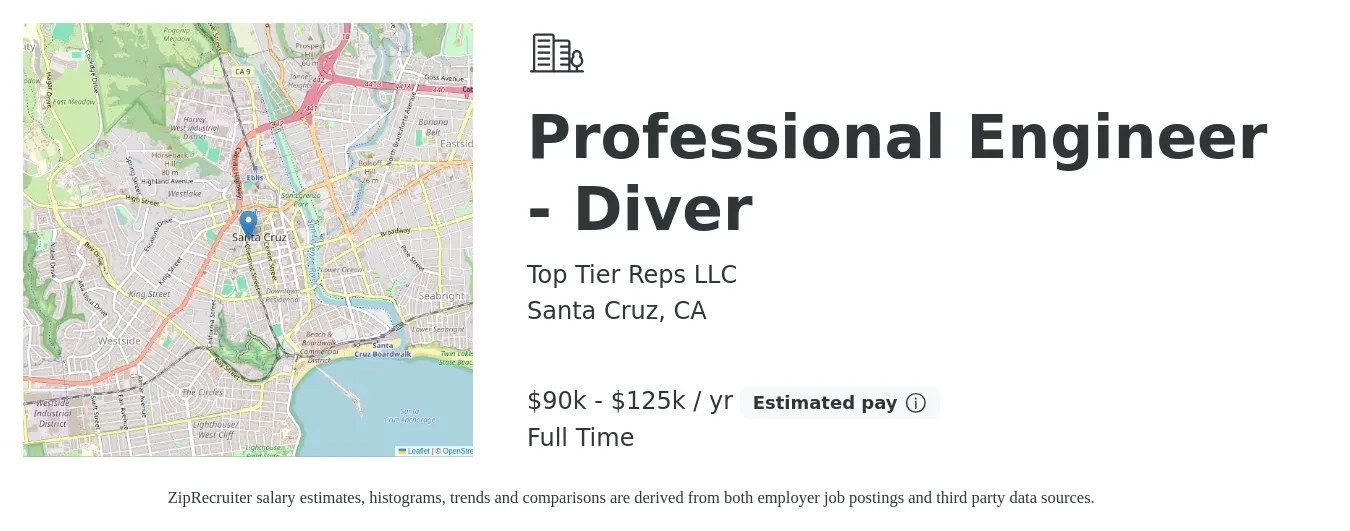 Top Tier Reps LLC job posting for a Professional Engineer - Diver in Santa Cruz, CA with a salary of $90,000 to $125,000 Yearly with a map of Santa Cruz location.