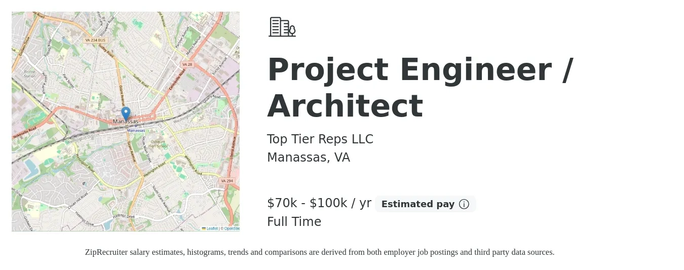 Top Tier Reps LLC job posting for a Project Engineer / Architect in Manassas, VA with a salary of $70,000 to $100,000 Yearly with a map of Manassas location.