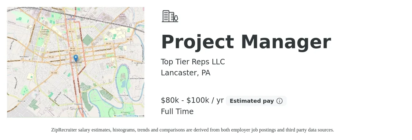 Top Tier Reps LLC job posting for a Project Manager in Lancaster, PA with a salary of $80,000 to $100,000 Yearly with a map of Lancaster location.