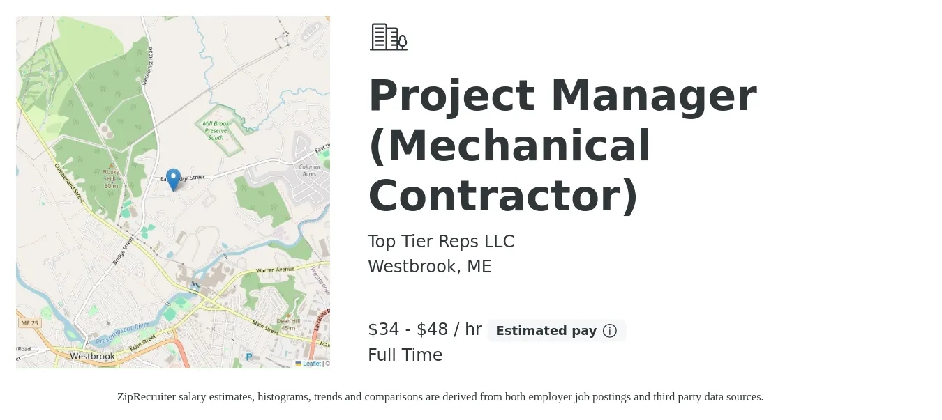 Top Tier Reps LLC job posting for a Project Manager (Mechanical Contractor) in Westbrook, ME with a salary of $36 to $50 Hourly with a map of Westbrook location.
