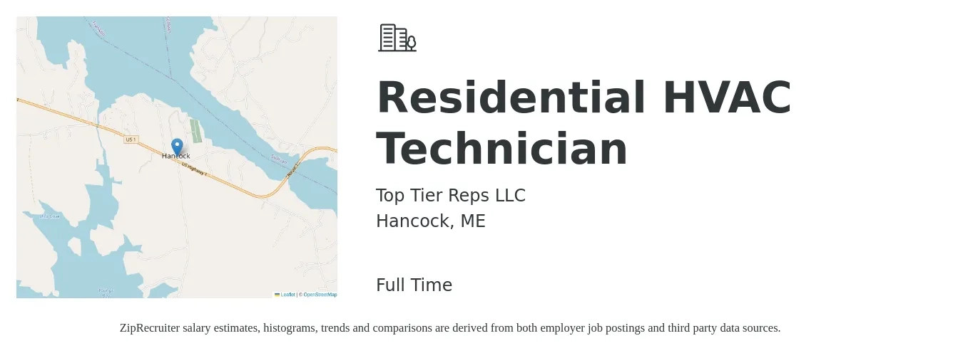 Top Tier Reps LLC job posting for a Residential HVAC Technician in Hancock, ME with a salary of $45 Hourly with a map of Hancock location.
