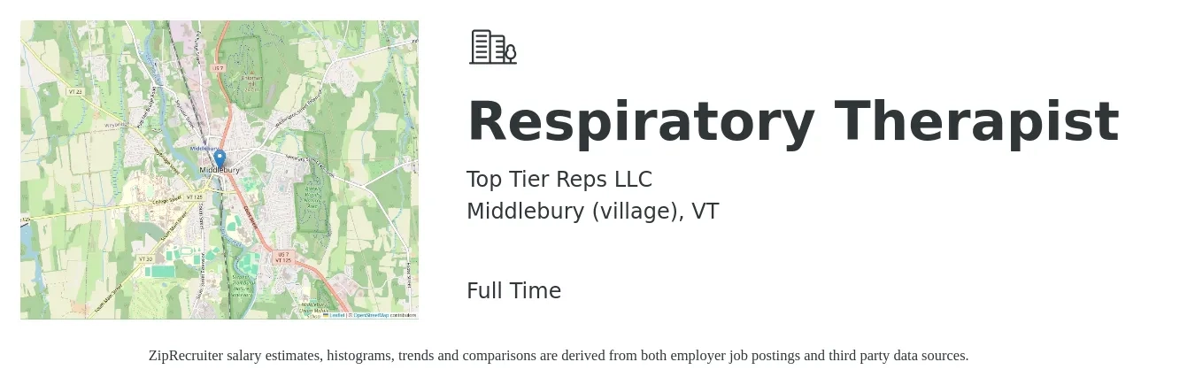Top Tier Reps LLC job posting for a Respiratory Therapist in Middlebury (village), VT with a salary of $52,000 to $79,000 Yearly with a map of Middlebury (village) location.
