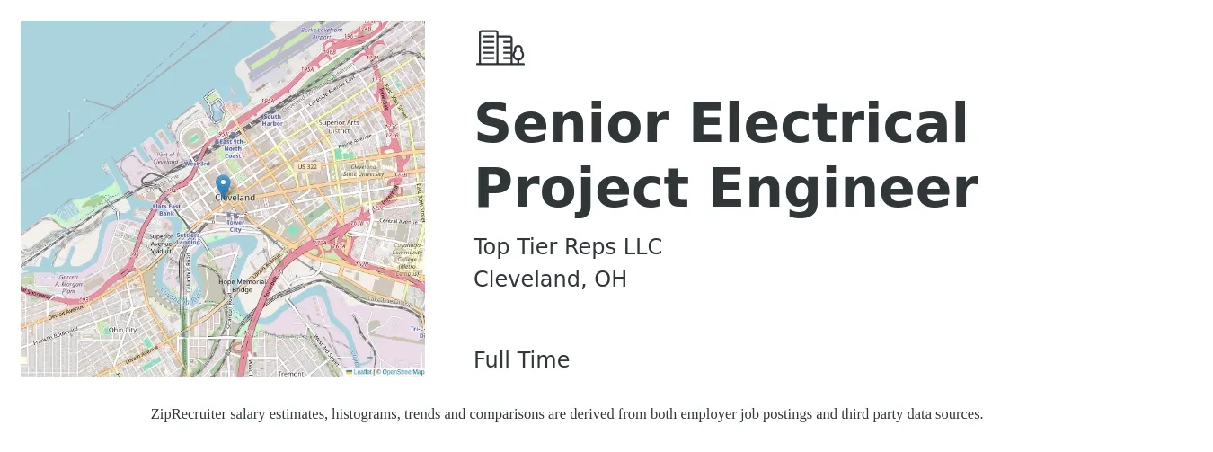Top Tier Reps LLC job posting for a Senior Electrical Project Engineer in Cleveland, OH with a salary of $135,000 Yearly with a map of Cleveland location.