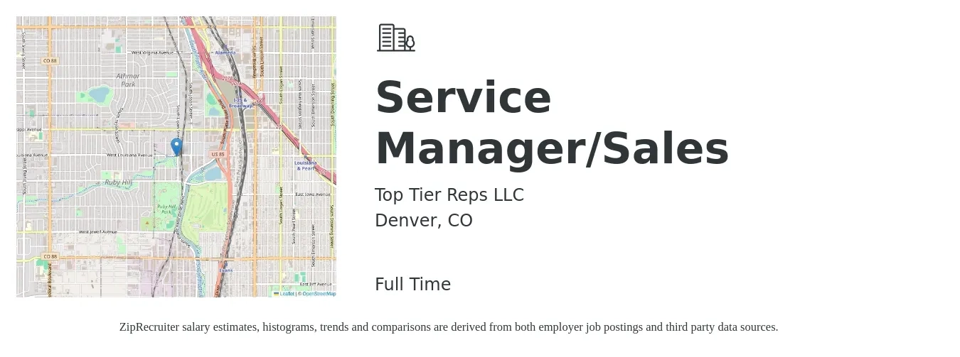 Top Tier Reps LLC job posting for a Service Manager/Sales in Denver, CO with a salary of $46,300 to $82,300 Yearly with a map of Denver location.