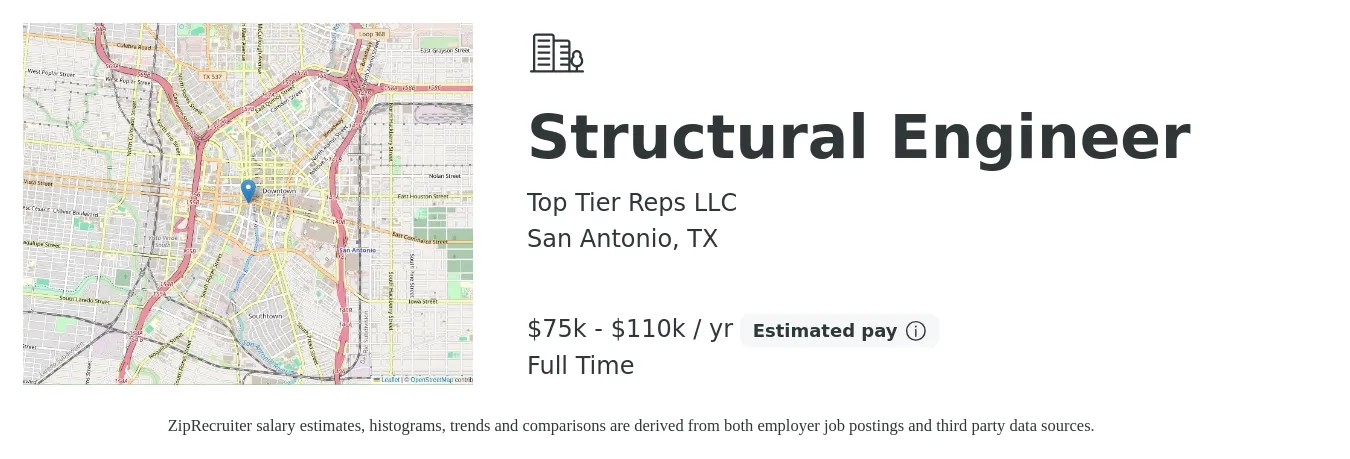 Top Tier Reps LLC job posting for a Structural Engineer in San Antonio, TX with a salary of $75,000 to $110,000 Yearly with a map of San Antonio location.