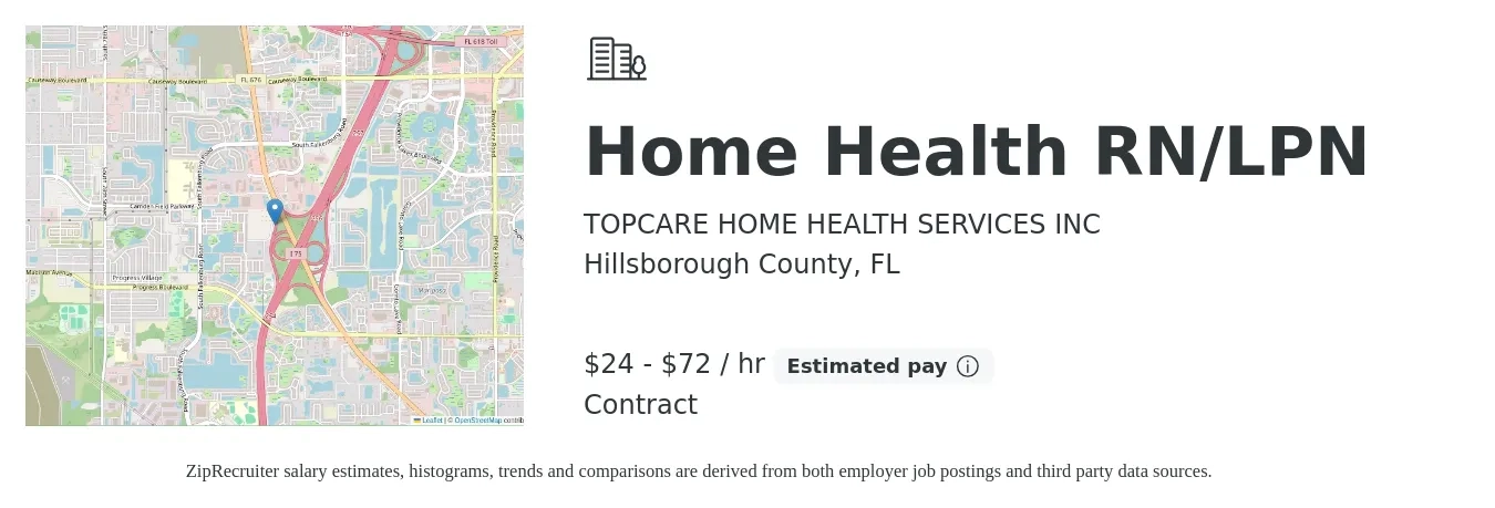 TOPCARE HOME HEALTH SERVICES INC job posting for a Home Health RN/LPN in Hillsborough County, FL with a salary of $25 to $75 Hourly with a map of Hillsborough County location.