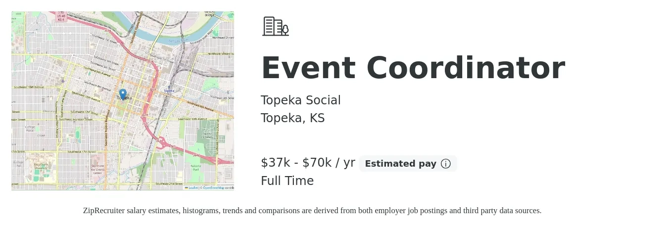 Topeka Social job posting for a Event Coordinator in Topeka, KS with a salary of $37,000 to $70,000 Yearly with a map of Topeka location.