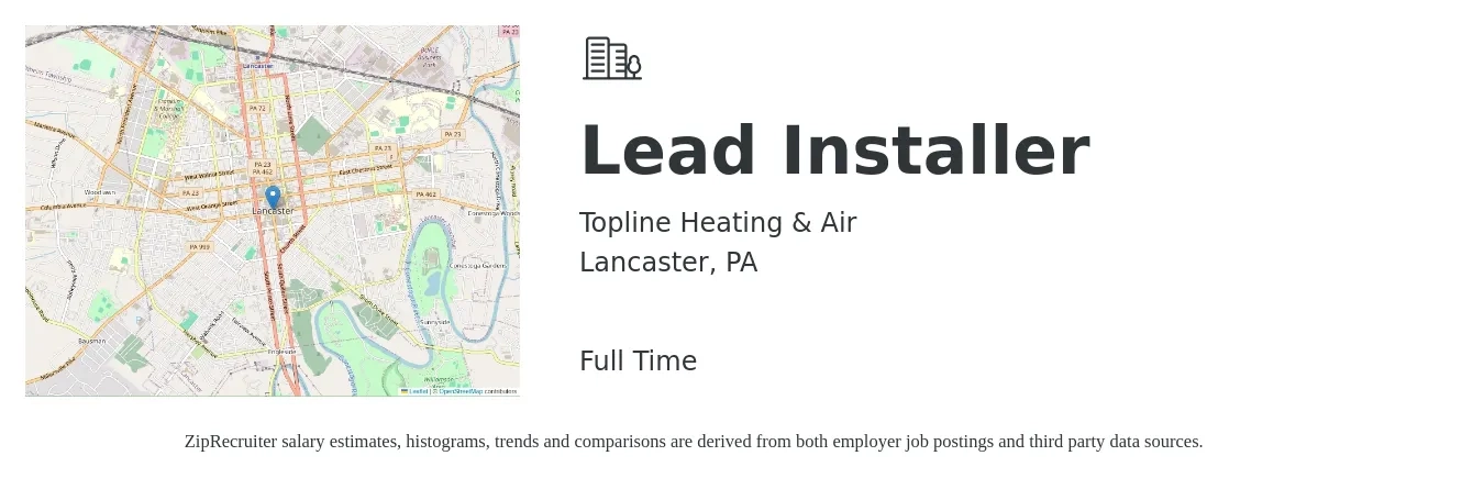 Topline Heating & Air job posting for a Lead Installer in Lancaster, PA with a salary of $25 Hourly with a map of Lancaster location.