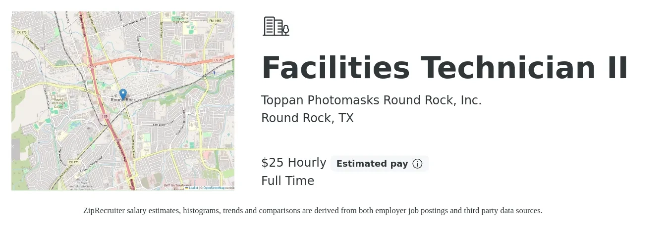 Toppan Photomasks Round Rock, Inc. job posting for a Facilities Technician II in Round Rock, TX with a salary of $27 Hourly with a map of Round Rock location.