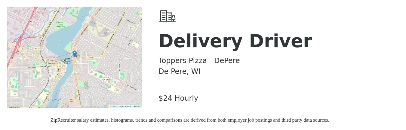Toppers Pizza - DePere job posting for a Delivery Driver in De Pere, WI with a salary of $25 Hourly with a map of De Pere location.