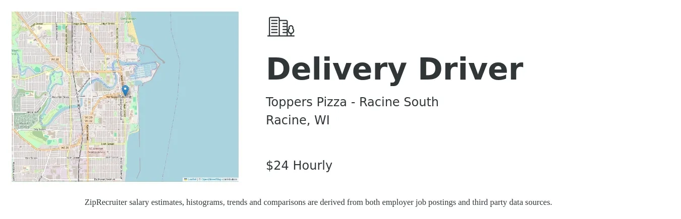 Toppers Pizza - Racine South job posting for a Delivery Driver in Racine, WI with a salary of $25 Hourly with a map of Racine location.