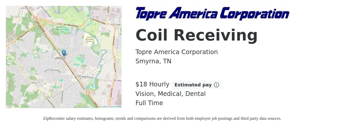 Topre America Corporation job posting for a Coil Receiving in Smyrna, TN with a salary of $19 Hourly and benefits including dental, life_insurance, medical, retirement, and vision with a map of Smyrna location.