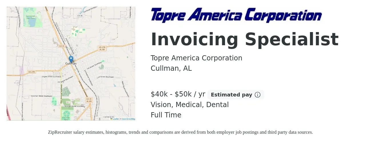 Topre America Corporation job posting for a Invoicing Specialist in Cullman, AL with a salary of $40,000 to $50,000 Yearly and benefits including retirement, vision, dental, life_insurance, and medical with a map of Cullman location.