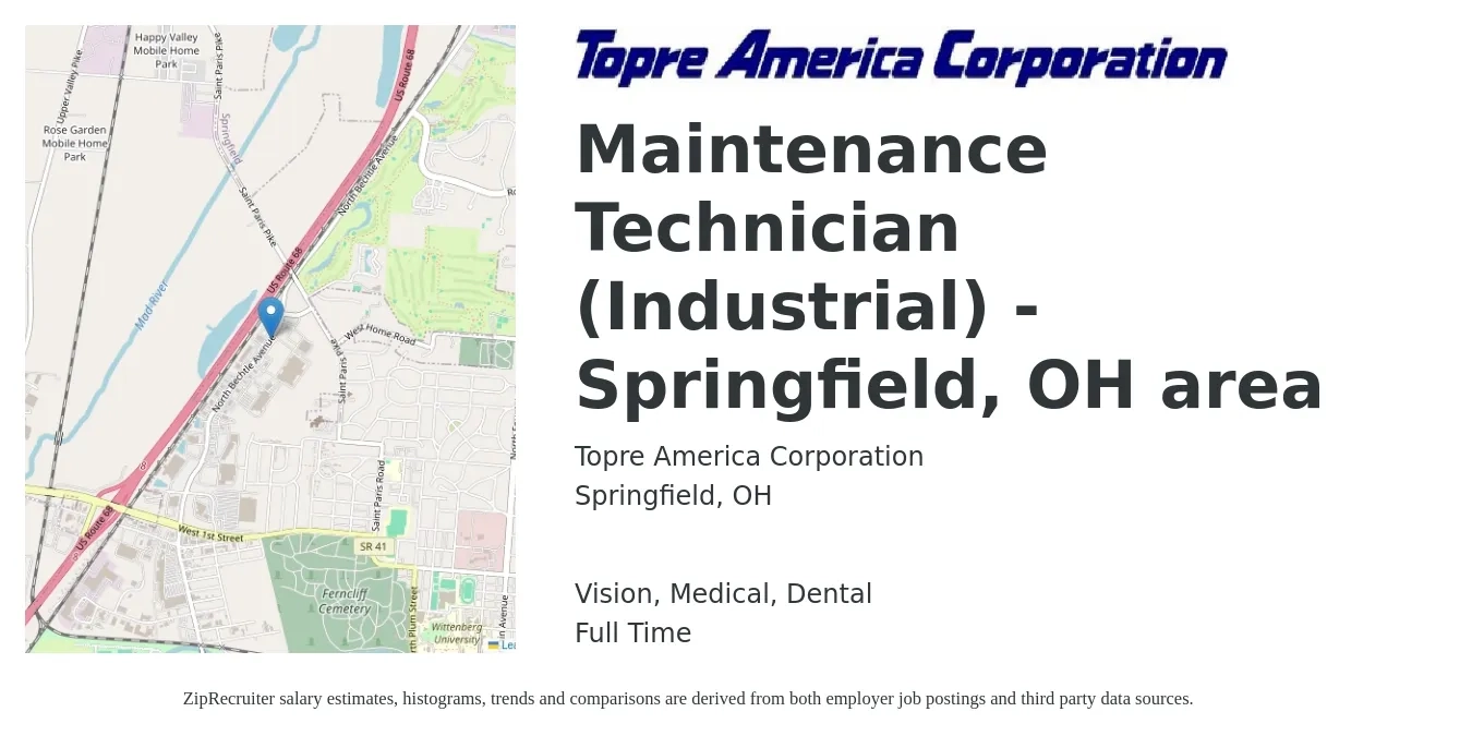 Topre America Corporation job posting for a Maintenance Technician (Industrial) - Springfield, OH area in Springfield, OH with a salary of $19 to $27 Hourly and benefits including dental, life_insurance, medical, retirement, and vision with a map of Springfield location.
