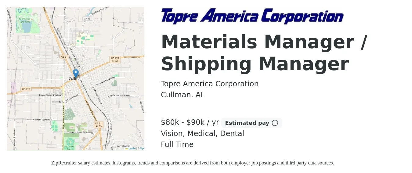 Topre America Corporation job posting for a Materials Manager / Shipping Manager in Cullman, AL with a salary of $80,000 to $90,000 Yearly and benefits including dental, life_insurance, medical, pto, retirement, and vision with a map of Cullman location.