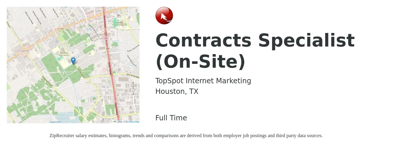 TopSpot Internet Marketing job posting for a Contracts Specialist (On-Site) in Houston, TX with a salary of $54,400 to $94,100 Yearly with a map of Houston location.