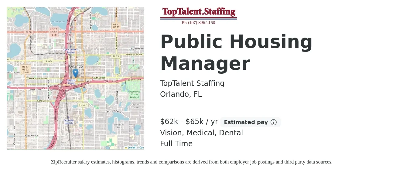 TopTalent Staffing job posting for a Public Housing Manager in Orlando, FL with a salary of $62,000 to $65,000 Yearly and benefits including dental, life_insurance, medical, and vision with a map of Orlando location.