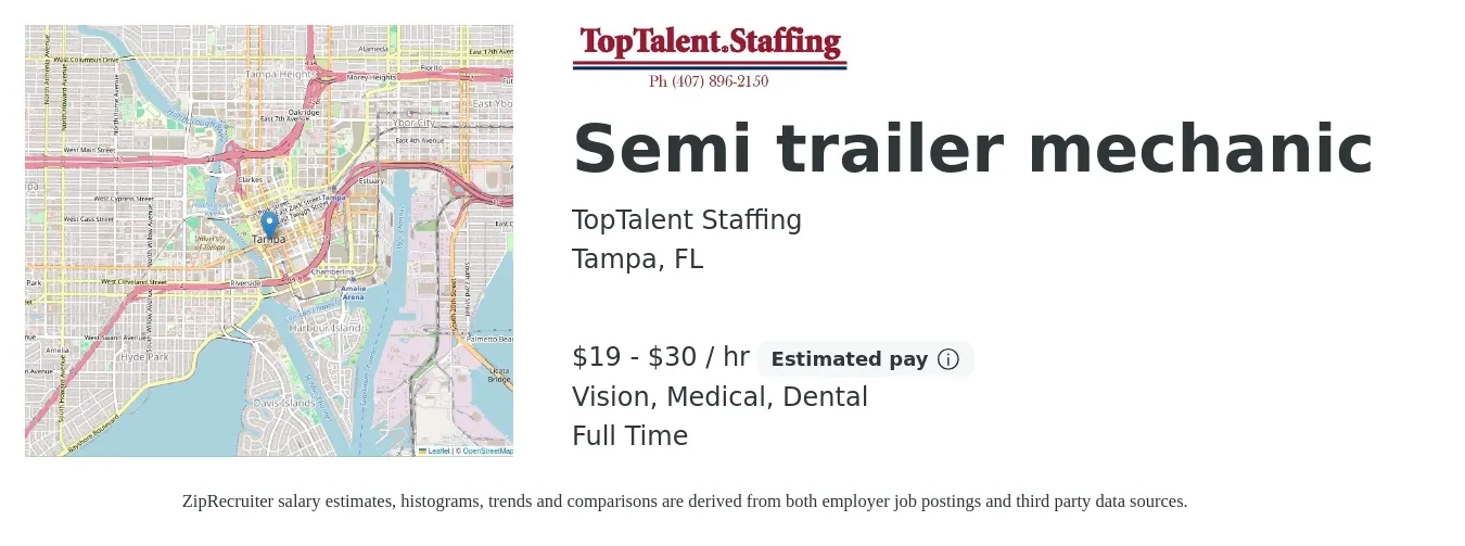 TopTalent Staffing job posting for a Semi trailer mechanic in Tampa, FL with a salary of $20 to $32 Hourly and benefits including life_insurance, medical, pto, retirement, vision, and dental with a map of Tampa location.