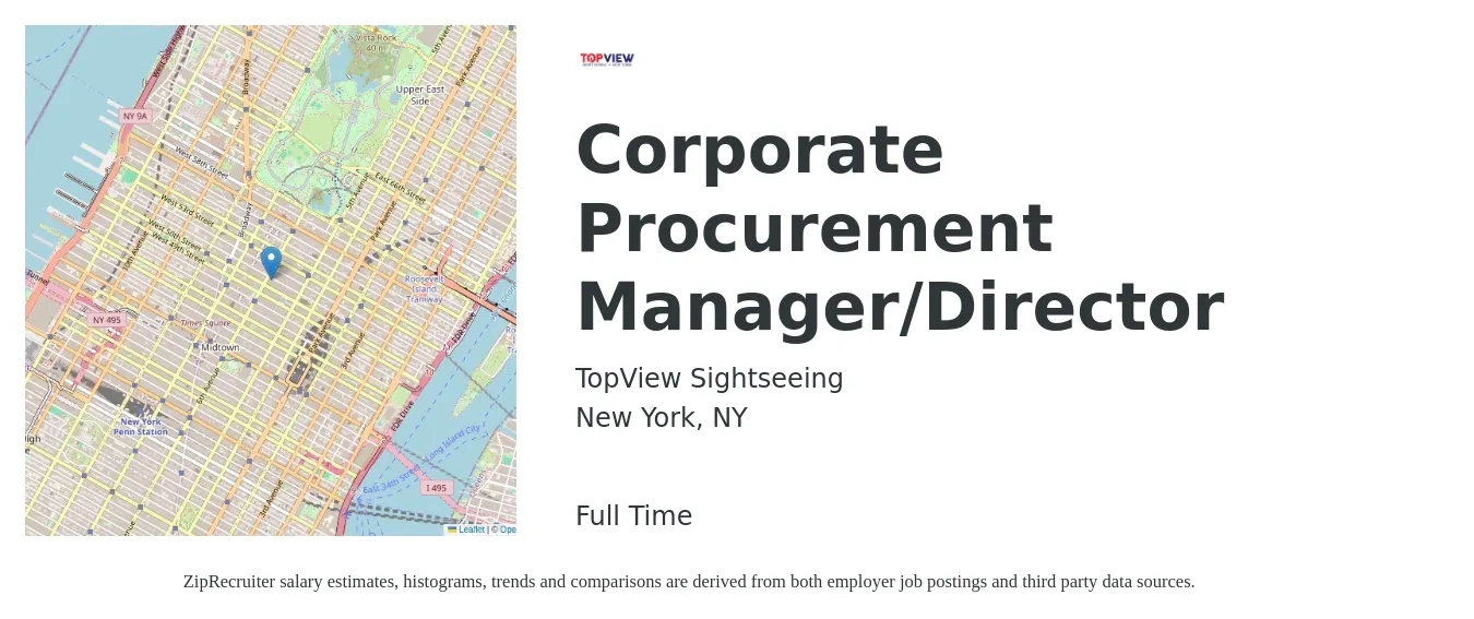 TopView Sightseeing job posting for a Corporate Procurement Manager/Director in New York, NY with a salary of $125,000 to $150,000 Yearly with a map of New York location.