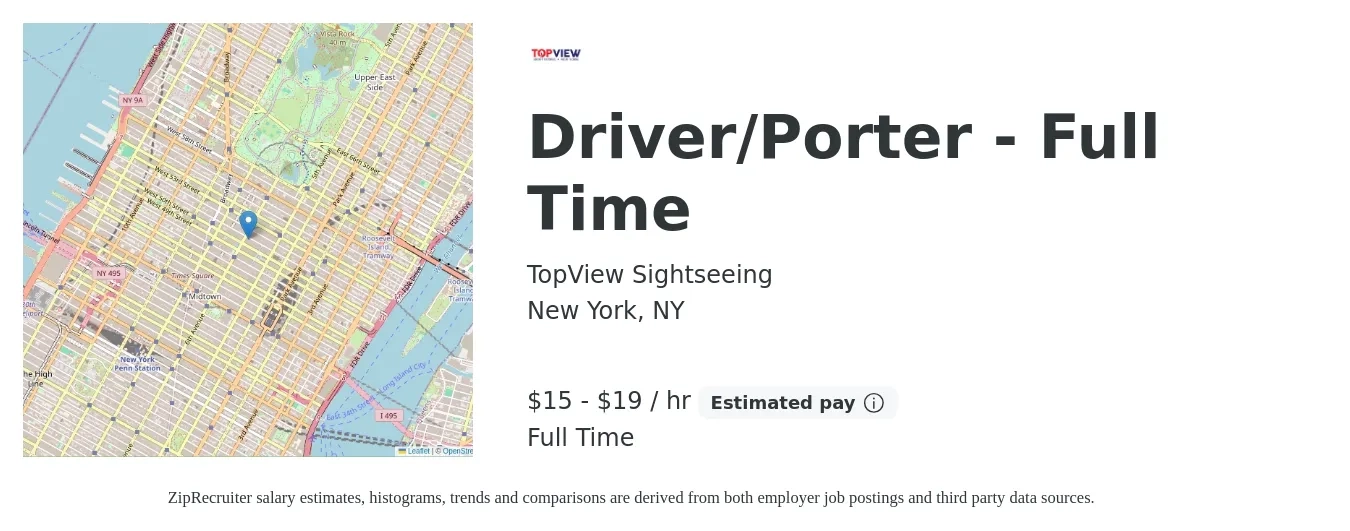TopView Sightseeing job posting for a Driver/Porter - Full Time in New York, NY with a salary of $16 to $20 Hourly with a map of New York location.