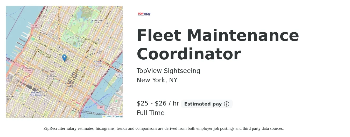 TopView Sightseeing job posting for a Fleet Maintenance Coordinator in New York, NY with a salary of $26 to $28 Hourly with a map of New York location.
