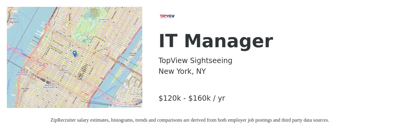 TopView Sightseeing job posting for a IT Manager in New York, NY with a salary of $120,000 to $160,000 Yearly with a map of New York location.