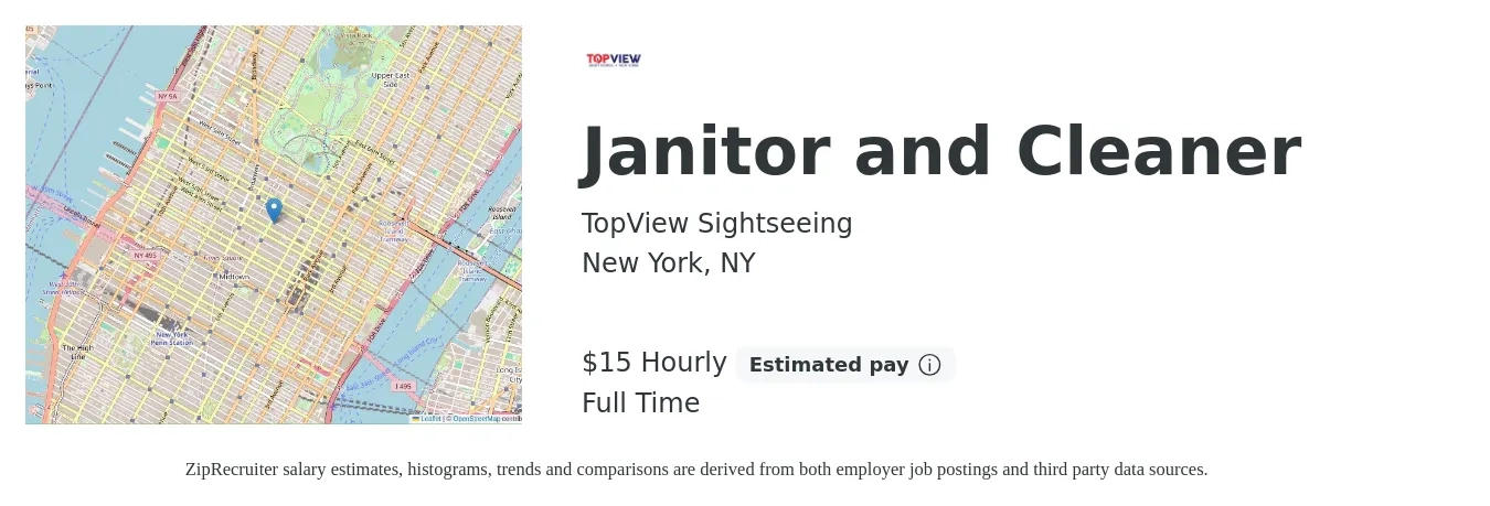 TopView Sightseeing job posting for a Janitor and Cleaner in New York, NY with a salary of $16 Hourly with a map of New York location.