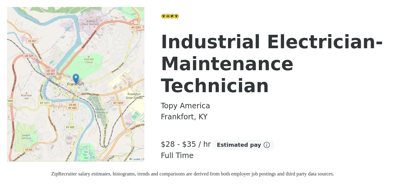 Topy America job posting for a Industrial Electrician- Maintenance Technician in Frankfort, KY with a salary of $30 to $37 Hourly with a map of Frankfort location.