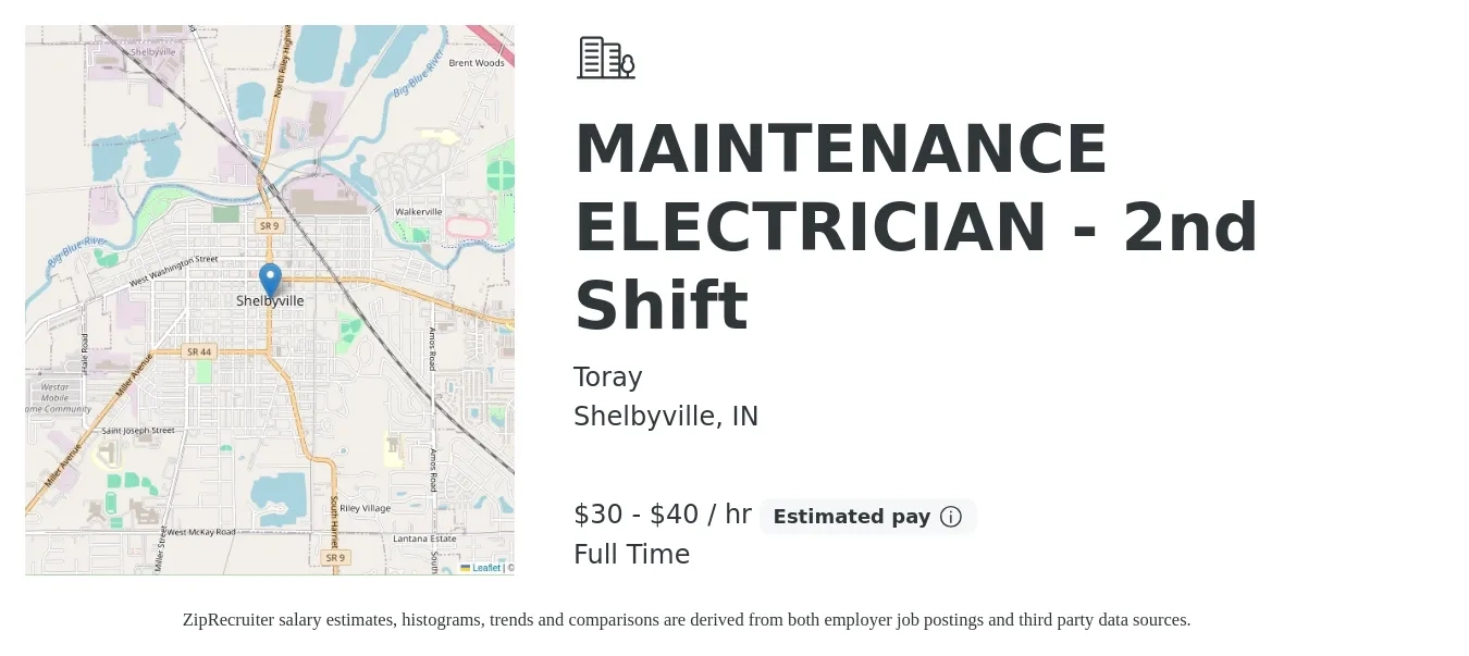 Toray job posting for a MAINTENANCE ELECTRICIAN - 2nd Shift in Shelbyville, IN with a salary of $32 to $42 Hourly with a map of Shelbyville location.