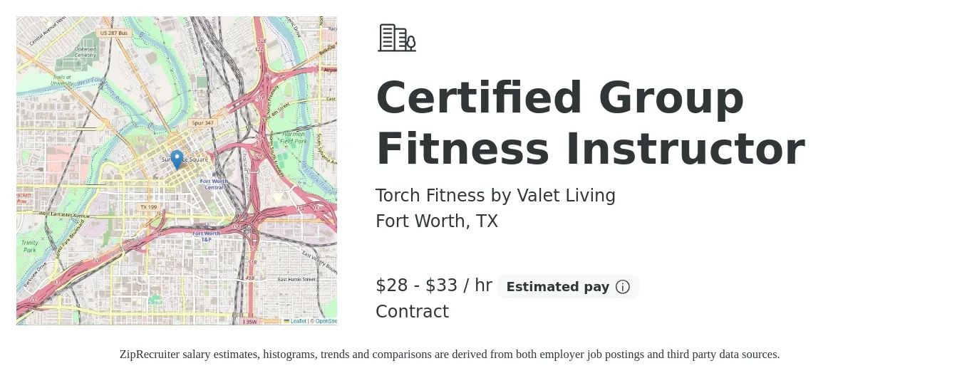 Torch Fitness by Valet Living job posting for a Certified Group Fitness Instructor in Fort Worth, TX with a salary of $30 to $35 Hourly with a map of Fort Worth location.