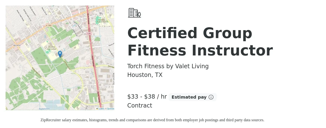 Torch Fitness by Valet Living job posting for a Certified Group Fitness Instructor in Houston, TX with a salary of $35 to $40 Hourly with a map of Houston location.