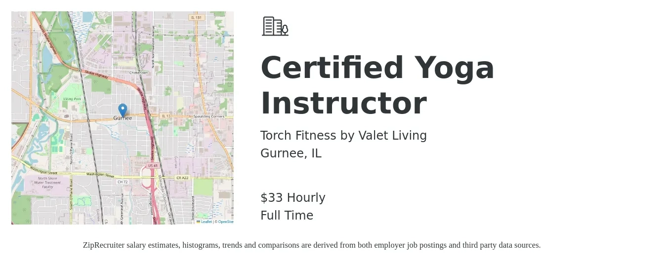 Torch Fitness by Valet Living job posting for a Certified Yoga Instructor in Gurnee, IL with a salary of $35 Hourly with a map of Gurnee location.