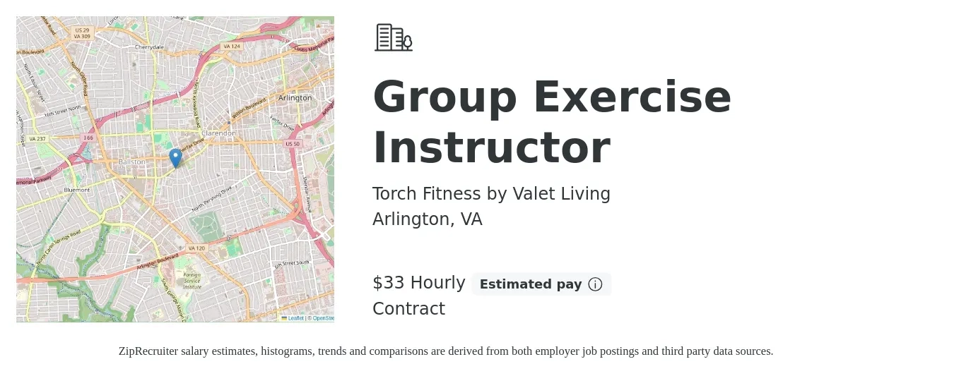 Torch Fitness by Valet Living job posting for a Group Exercise Instructor in Arlington, VA with a salary of $35 Hourly with a map of Arlington location.