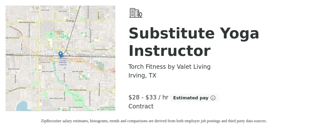 Torch Fitness by Valet Living job posting for a Substitute Yoga Instructor in Irving, TX with a salary of $30 to $35 Hourly with a map of Irving location.