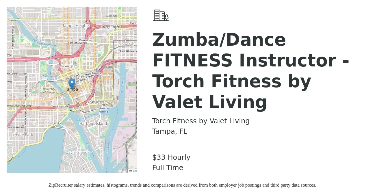 Torch Fitness by Valet Living job posting for a Zumba/Dance FITNESS Instructor - Torch Fitness by Valet Living in Tampa, FL with a salary of $35 Hourly with a map of Tampa location.