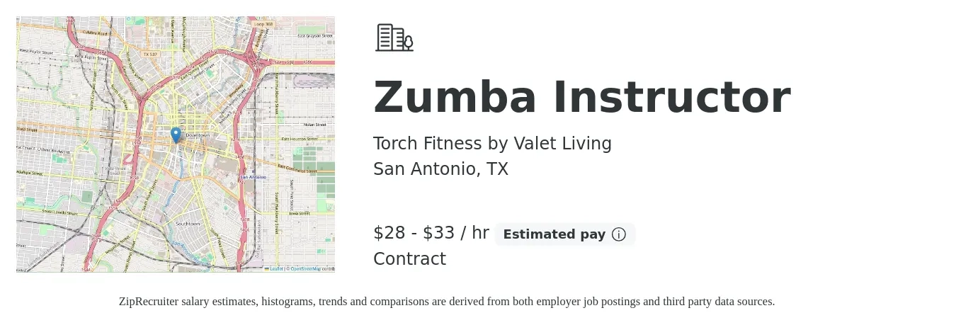 Torch Fitness by Valet Living job posting for a Zumba Instructor in San Antonio, TX with a salary of $30 to $35 Hourly with a map of San Antonio location.