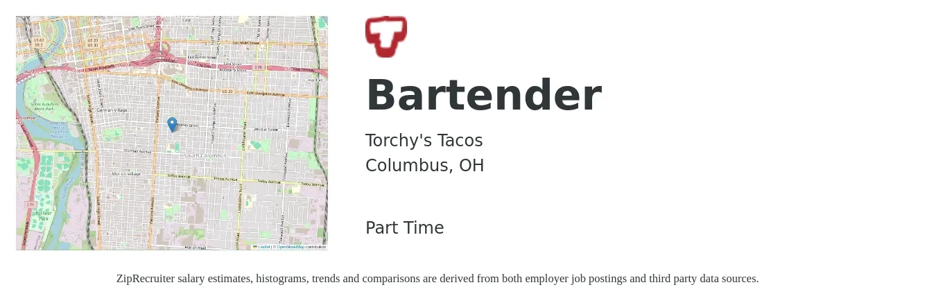 Torchy's Tacos job posting for a Bartender in Columbus, OH with a salary of $10 to $18 Hourly with a map of Columbus location.