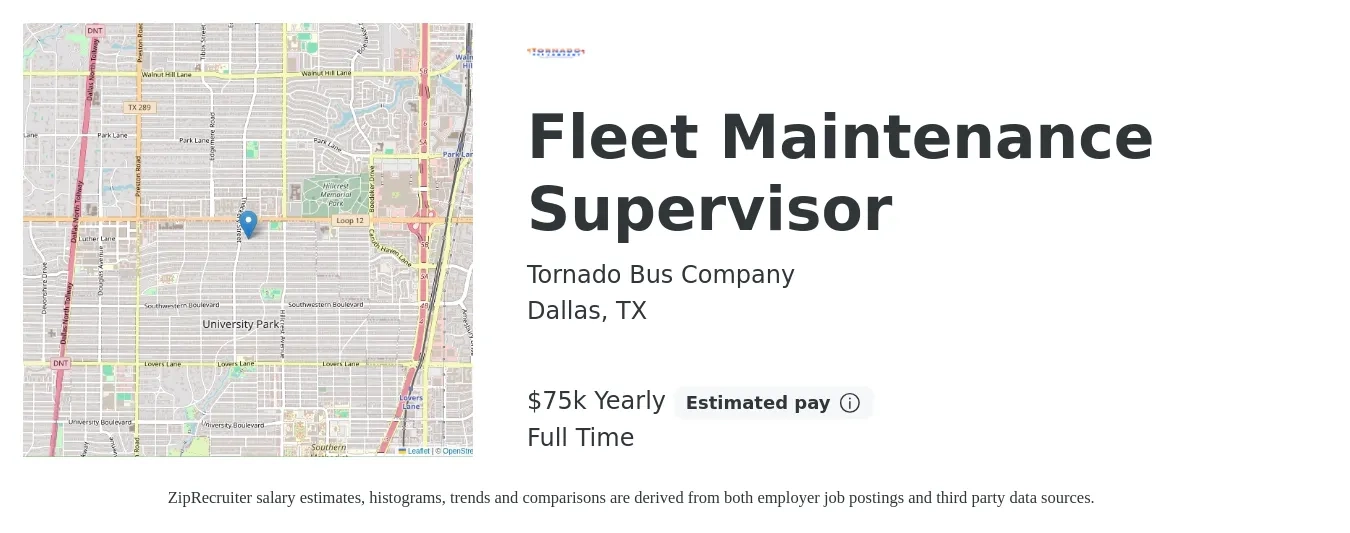Tornado Bus Company job posting for a Fleet Maintenance Supervisor in Dallas, TX with a salary of $75,000 Yearly with a map of Dallas location.
