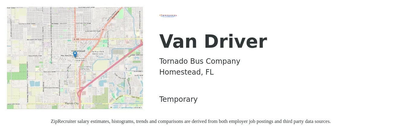 Tornado Bus Company job posting for a Van Driver in Homestead, FL with a salary of $12 to $16 Hourly with a map of Homestead location.